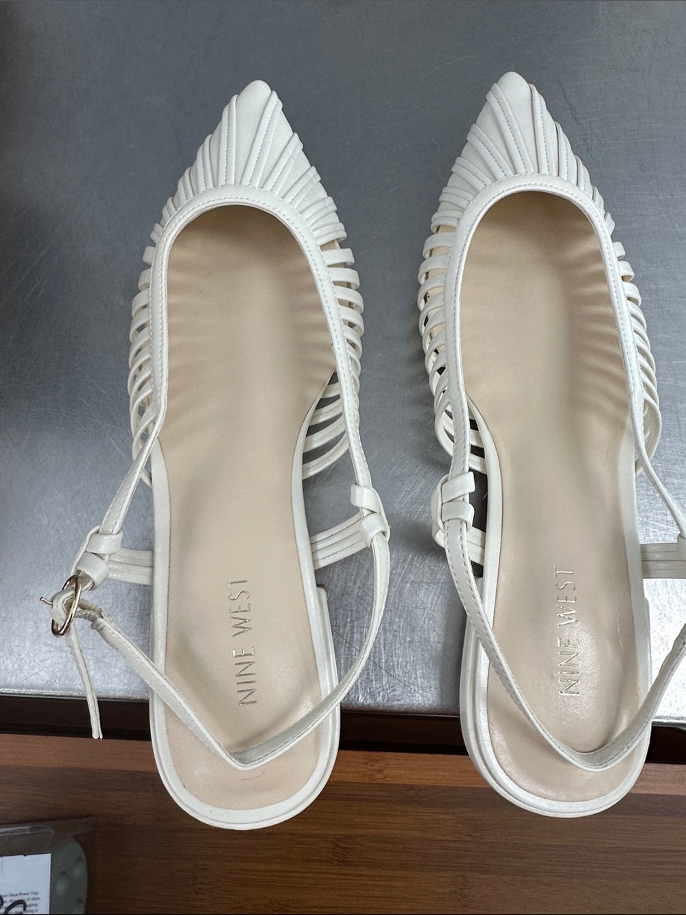 Nine West Cream Pointed Slingback Flats with Woven Straps - Size 10M